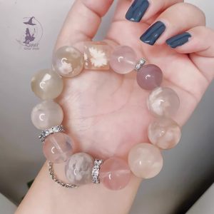 高級感天然櫻花瑪瑙+粉晶+煙灰紫+925純銀配飾原創設計款水晶手鏈手串