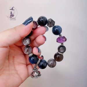 高級感星輝骨幹+黑爆閃海藍寶+閃靈+紫超七切面+925純銀配飾 原創設計款水晶手鏈手串