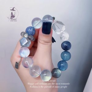 高級感天然藍月光+海藍寶+莫奈藍晶+托帕石隨行+925純銀配飾 原創設計款水晶手鏈手串