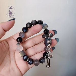 極品黑金骨幹+拉長石+藍月光+925純銀飾品 原創設計款水晶手鏈手串 小高貨 孤品