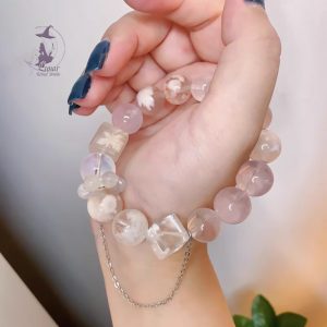 高級感天然櫻花瑪瑙+馬粉晶+藍針+雪花幽靈+925純銀配飾 原創設計款水晶手鏈手串