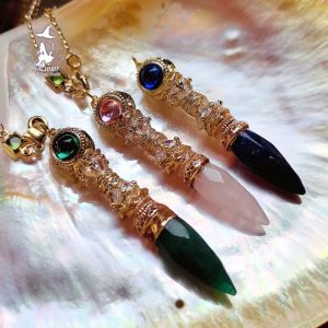 靈擺項鏈天然水晶粉水晶青金石綠玉石調頻復古宮廷風吊墜送教程女