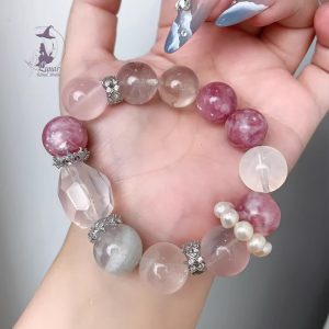 孤品高級感意境感粉樹膠花➕粉紫祖母晶➕馬粉晶➕白幽靈➕藍針➕淡水珍珠跑環 純銀鏈條飾品