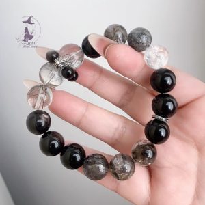 高級感天然收藏銀曜石➕黑曜石➕黑閃靈➕黑髮晶以及925銀配飾 原創設計款水晶手鏈手串