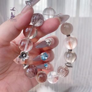 粉兔毛➕紅發晶➕茶晶➕白水晶以及925純銀配飾 原創設計款水晶手鏈手串