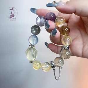 高級感黃膠花➕灰月光拉長石➕紫裏雲母以及手工銀純銀配飾 原創設計款水晶手鏈手串