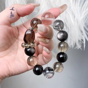 高級感沙金茶晶➕閃靈➕白水晶➕黑髮晶➕銀曜石以及925銀純銀配飾 原創設計款水晶手鏈手串