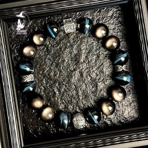 【守護之石】天然水晶閃電紋藍虎眼石手串男士銀曜石手鍊生日禮物