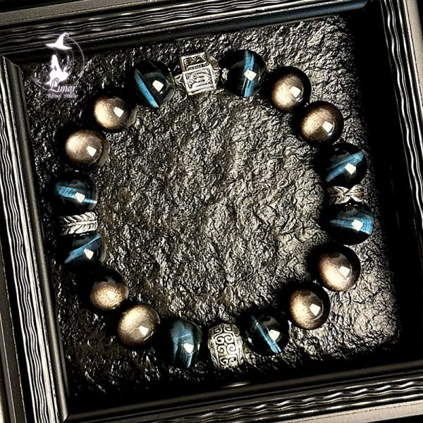 【守護之石】天然水晶閃電紋藍虎眼石手串男士銀曜石手鍊生日禮物