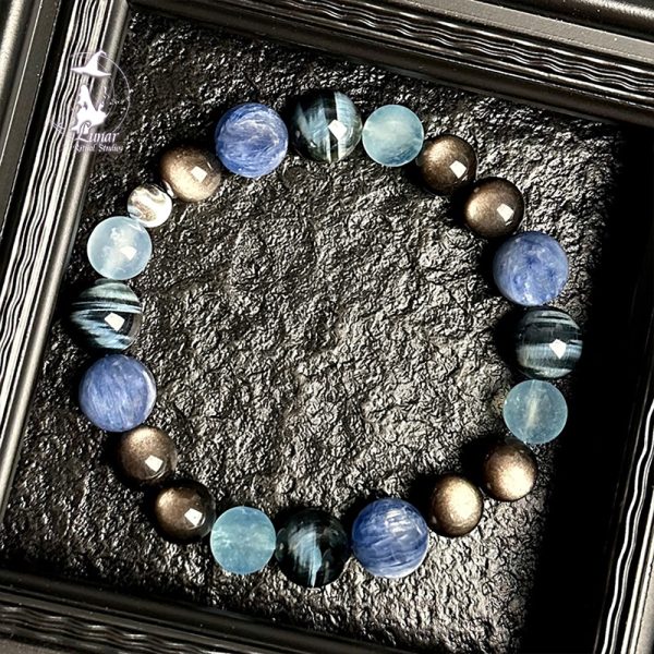 【喜水補水】天然五行水晶海藍寶虎眼石手串藍龍晶銀曜石手鍊送禮