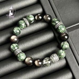 【喜水木】天然水晶綠幽靈銀曜石手串男士綠龍晶招財旺業手鍊送禮