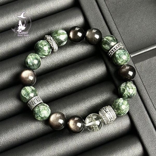 【喜水木】天然水晶綠幽靈銀曜石手串男士綠龍晶招財旺業手鍊送禮