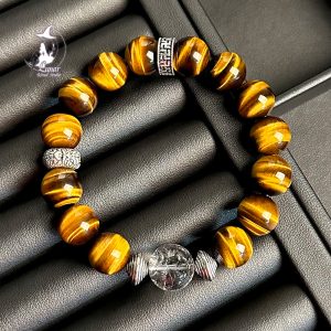 【招財進寶】天然水晶黃虎眼石黑髮晶手串男士招金聚寶手鍊送禮物