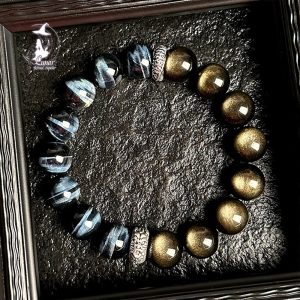 【智富金砂】天然水晶藍虎眼石金曜石手串男士招財手鍊生日送禮物