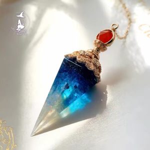 靈擺天然白水晶擺子樹脂項鏈吊墜漸變催眠女藍色飾品超閃原創飾品
