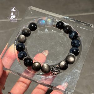 黑曜石灰月光藍虎眼貔貅水晶手串男生紀念日禮物送男友