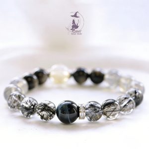 天然黑髮晶閃電藍虎眼金髮晶水晶手串手鏈禮物