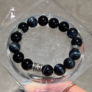 雷曜喜水閃電藍虎眼烏金黑曜石男士水晶手串男生紀念日禮物