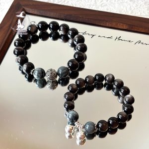 名幸運鈴鐺銀曜石鷹眼石情侶款好運情侶手串手鍊紀念日禮物