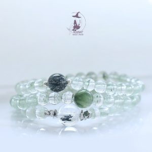 滿天星綠幽靈財富黑髮晶綠發晶三圈設計款手串